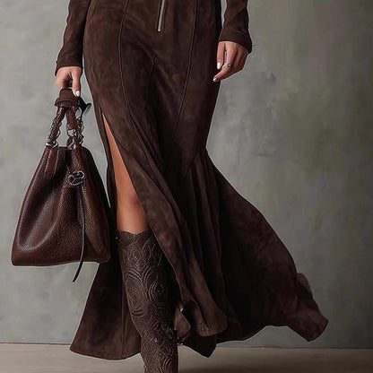 Suede Zip Front Maxi Dress Long Sleeve Fishtail
