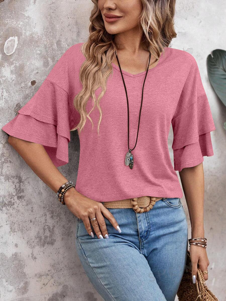 Customizable  Women's V-Neck Flutter Sleeve Top – Casual Summer T-Shirt