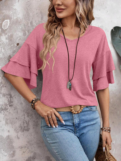 Customizable  Women's V-Neck Flutter Sleeve Top – Casual Summer T-Shirt