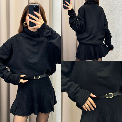 Oversized Turtleneck Sweater Skirt Two Piece Set