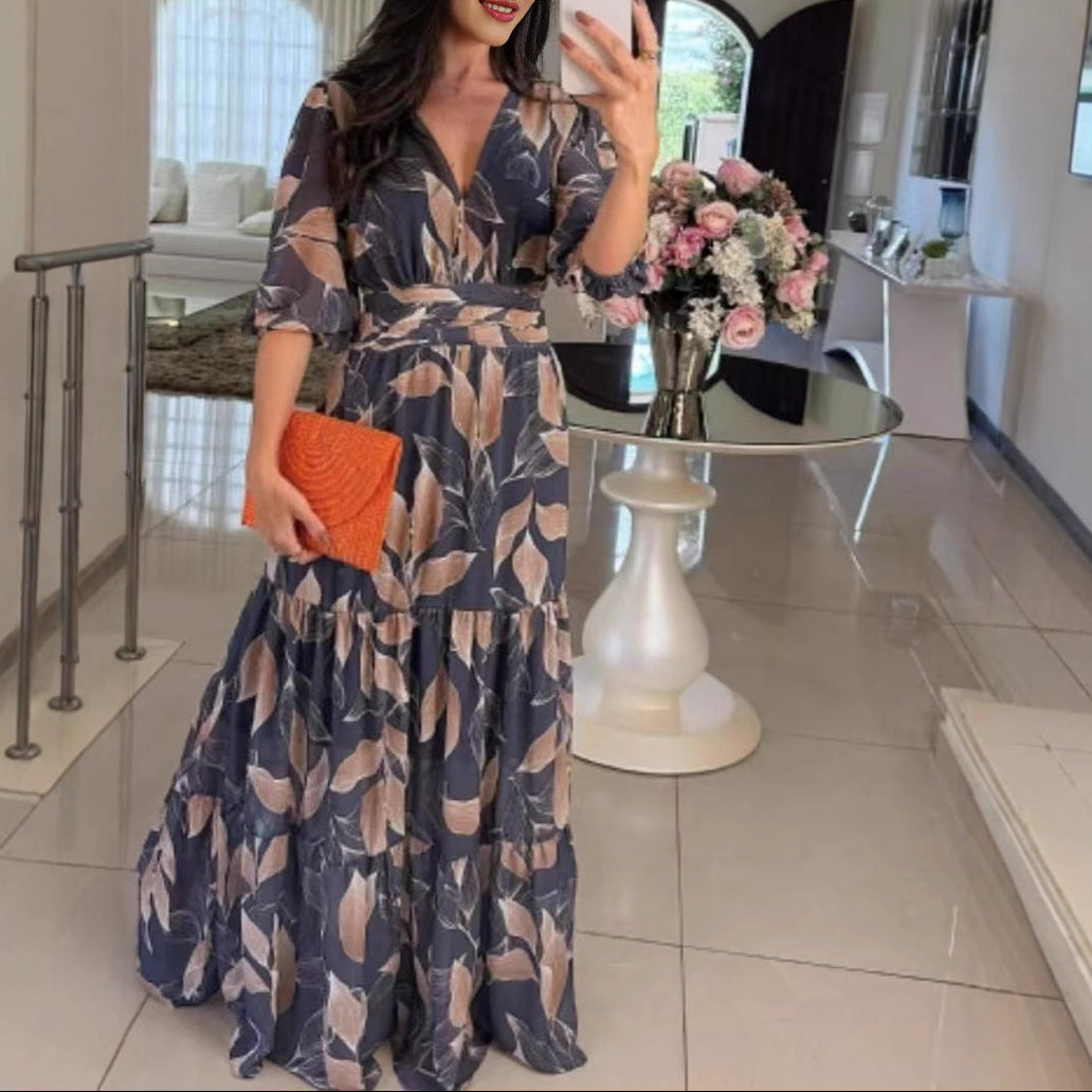 Floral V-Neck Puff Sleeve Tiered Maxi Dress