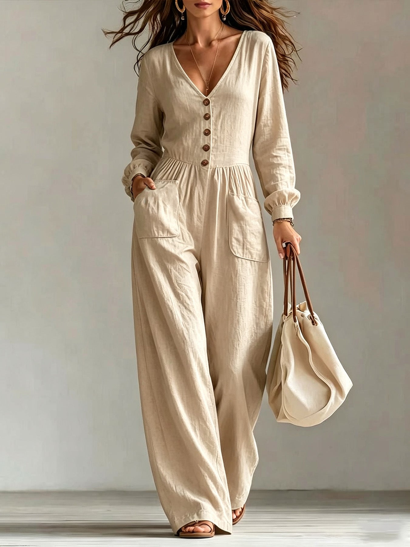 Women's V-Neck Wide Leg Jumpsuit Long Sleeve Pockets