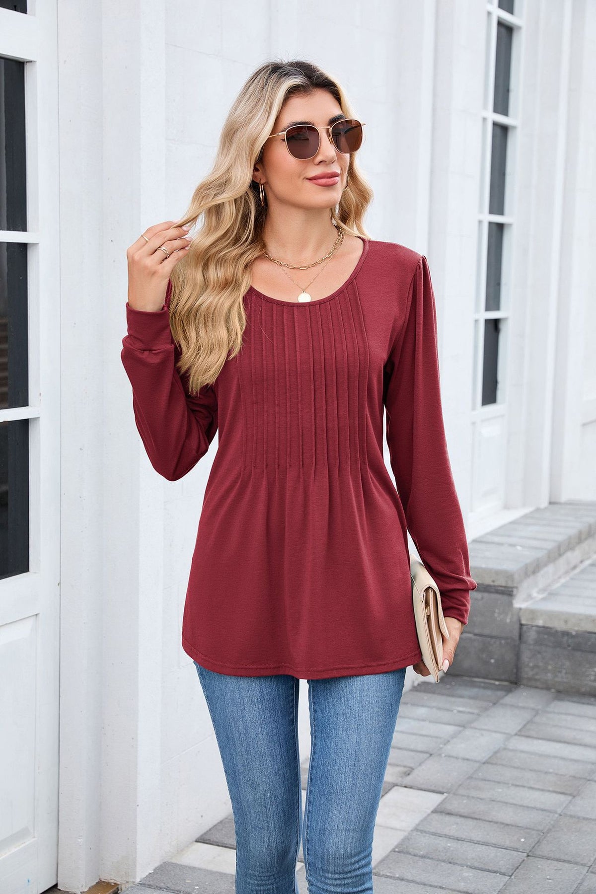 Women's Long Sleeve Pleated Tunic Top Loose Casual Blouse