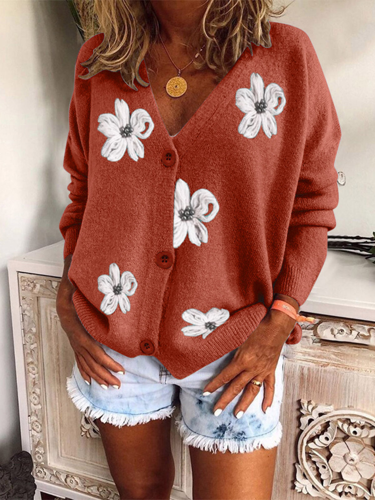 Women's Floral Embroidered V-Neck Button Cardigan Sweater