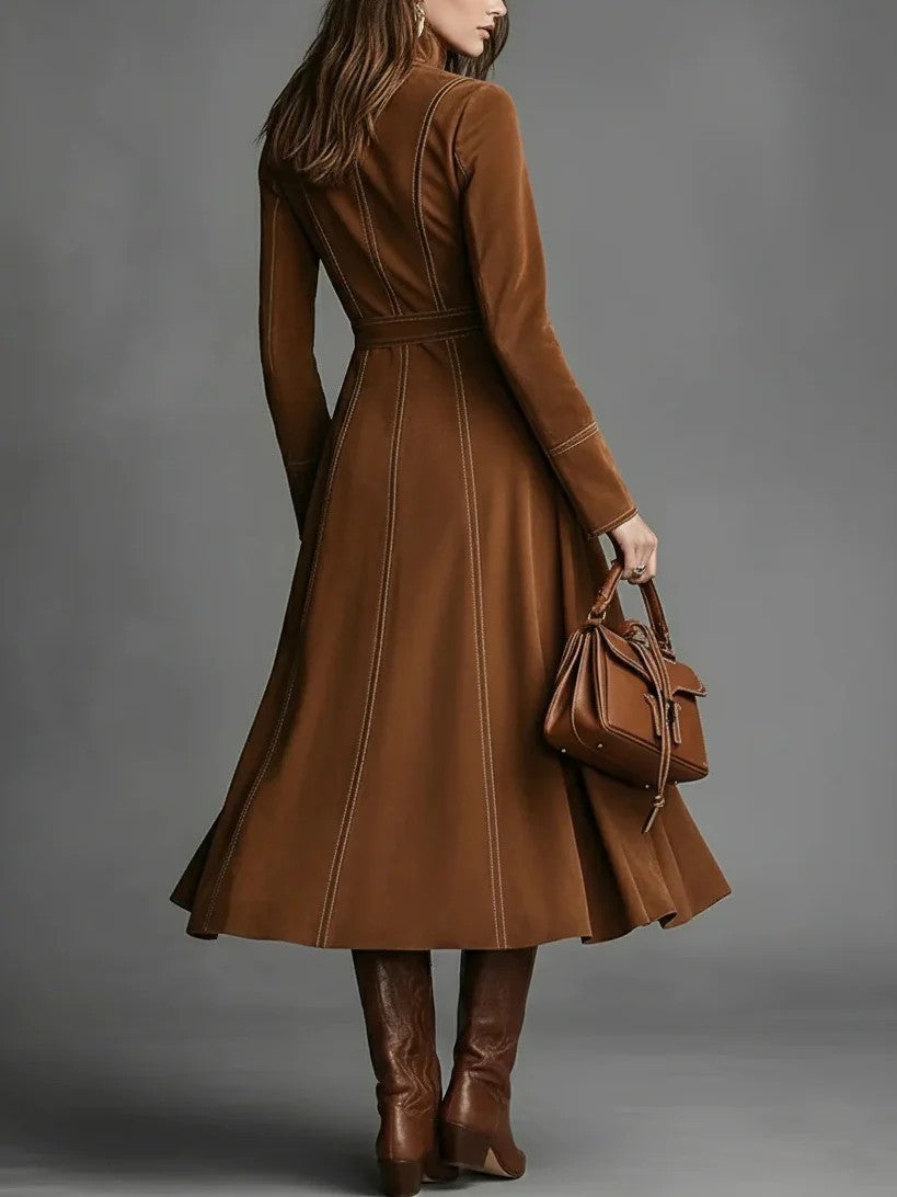 Vintage Faux Suede Long Sleeve Belted Zip Front Maxi Dress