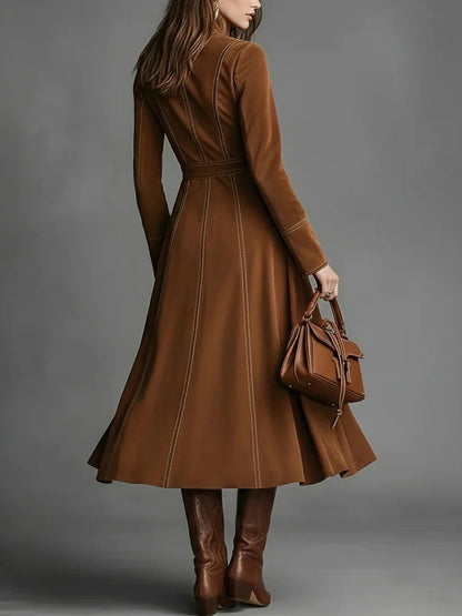 Vintage Faux Suede Long Sleeve Belted Zip Front Maxi Dress