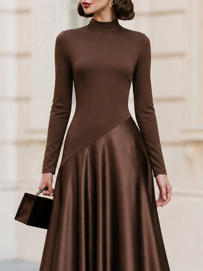 Brown Mock Neck Satin Maxi Dress Long Sleeve Fit Flare