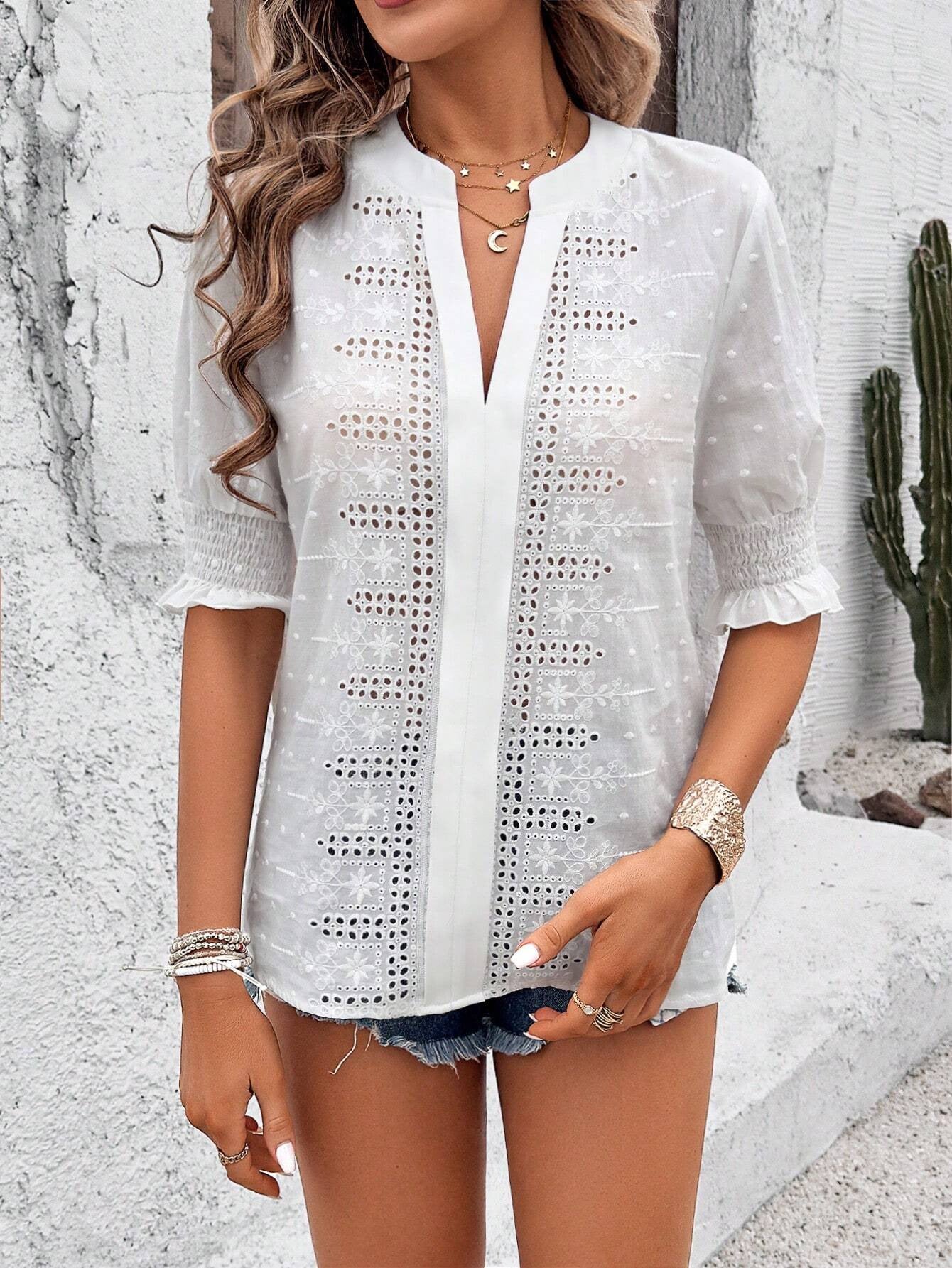 Mint Green Eyelet V Neck Boho Puff Sleeve Top