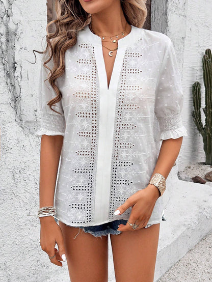 Mint Green Eyelet V Neck Boho Puff Sleeve Top