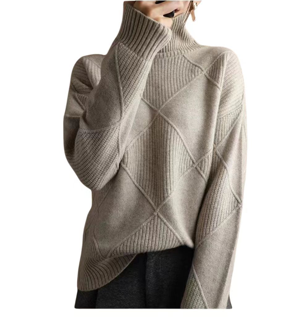 Chunky Turtleneck Sweater Diamond Pattern Pullover