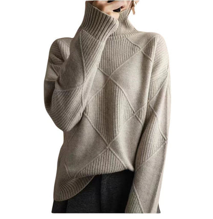 Chunky Turtleneck Sweater Diamond Pattern Pullover