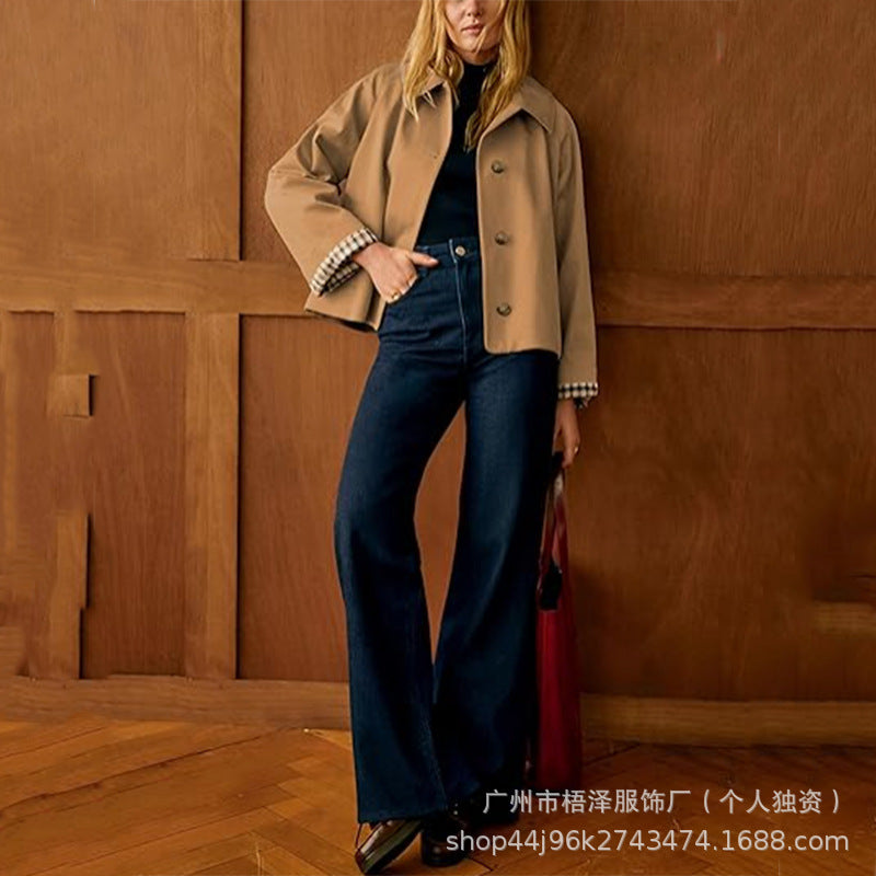Women's Cropped Trench Jacket Lapel Button Front