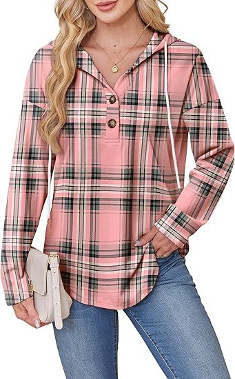 Women's Plaid Button Hoodie Long Sleeve Pullover