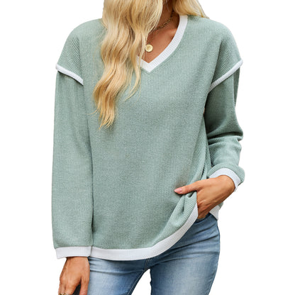 Women's Color Block V Neck Long Sleeve Knit Tunic Top