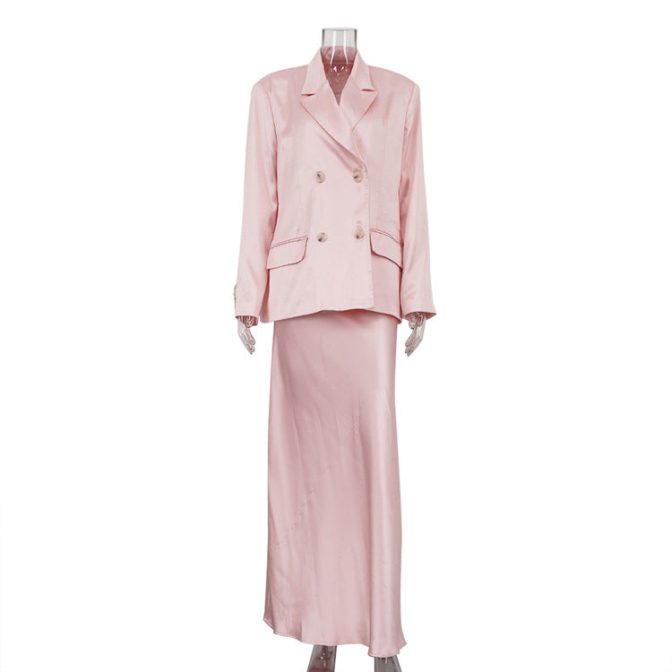 Women's Satin Blazer Maxi Skirt Two Piece Set