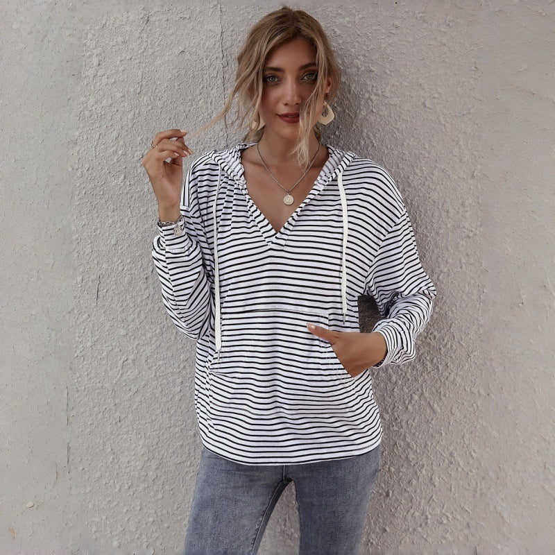 Women Striped Hoodie V-Neck Long Sleeve Oversized Pullover