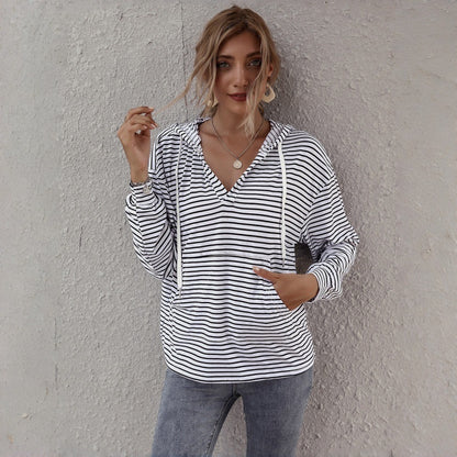 Women Striped Hoodie V-Neck Long Sleeve Oversized Pullover