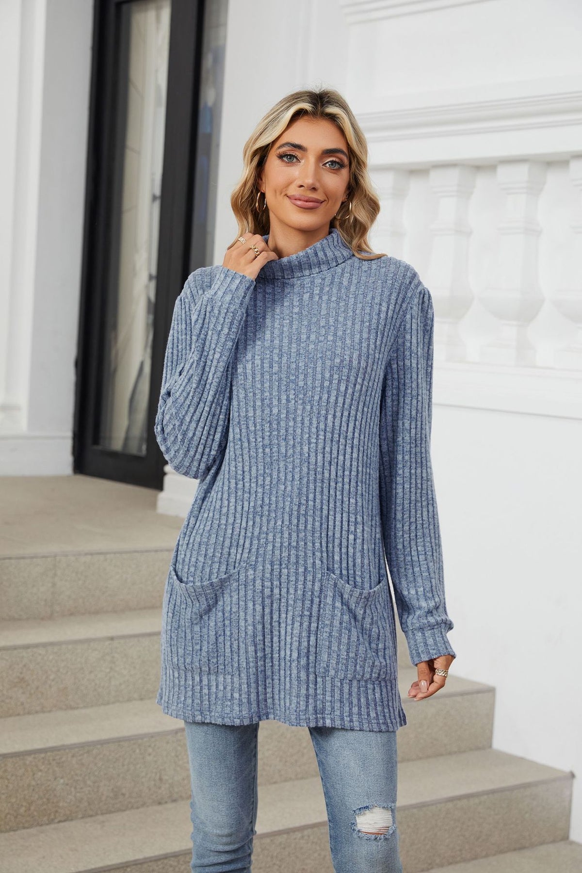 Women's Oversized Ribbed Mock Neck Tunic with Pockets