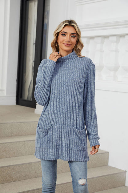 Women's Oversized Ribbed Mock Neck Tunic with Pockets