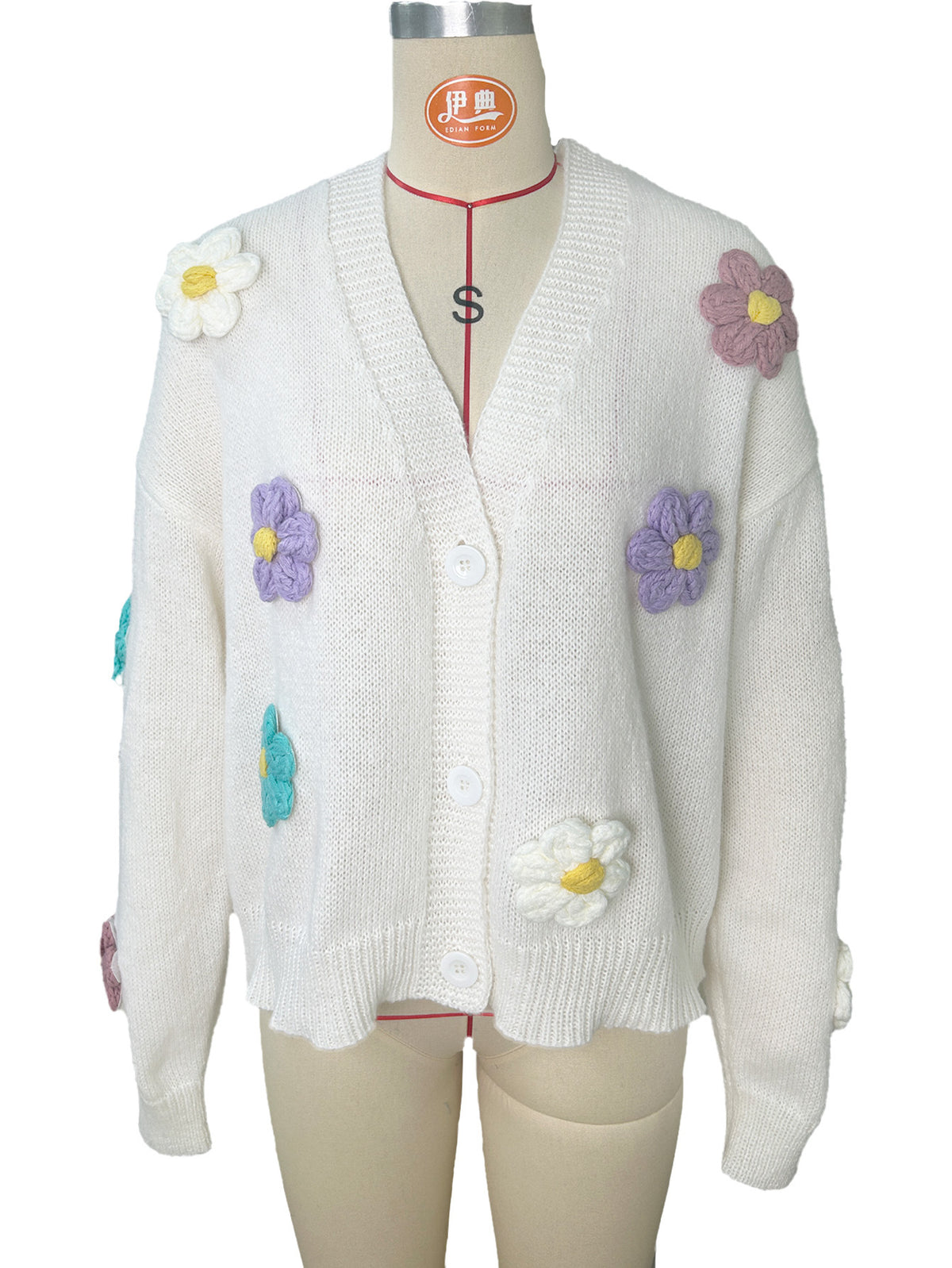 Womens Oversized Floral Crochet Cardigan Button Front