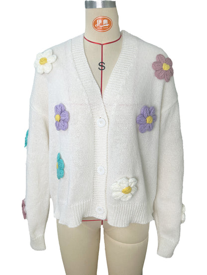 Womens Oversized Floral Crochet Cardigan Button Front
