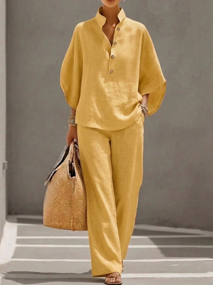 Womens Linen Blend Shirt & Wide Leg Pants Matching Set