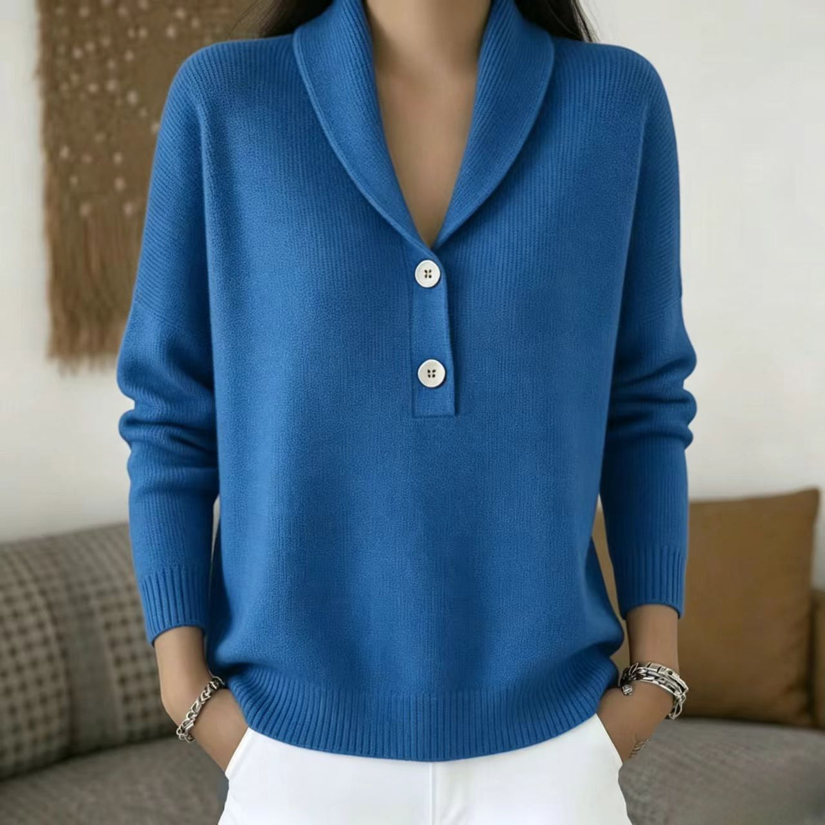 Women's Shawl Collar Button Pullover Sweater Soft Knit