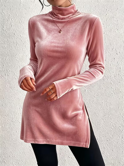 Women's Velvet Turtleneck Long Sleeve Side Slit Top