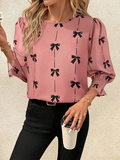 Women's Bow Print Smocked Blouse 3/4 Bell Sleeve Crew Neck