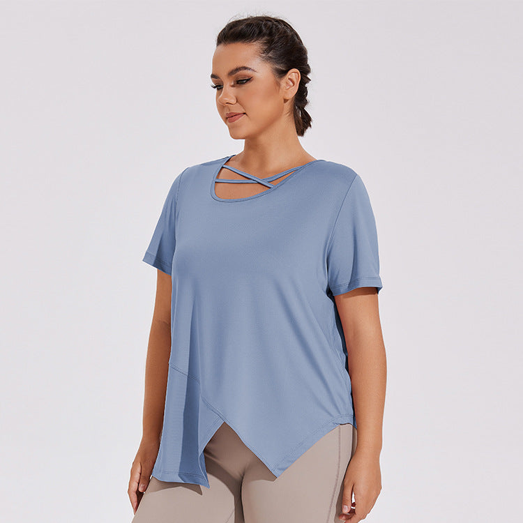 Plus Size Irregular Cross-neck Yoga Quick-drying Short-sleeved T-shirt Elastic Fitness Clothes