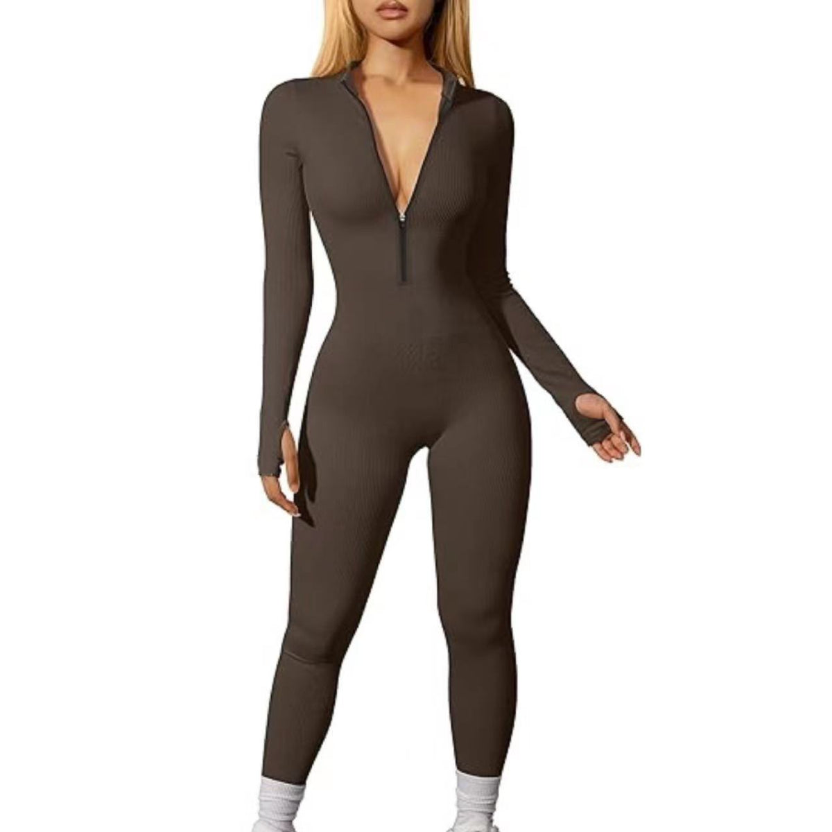 Women's Ribbed Zip Front Long Sleeve Workout Jumpsuit