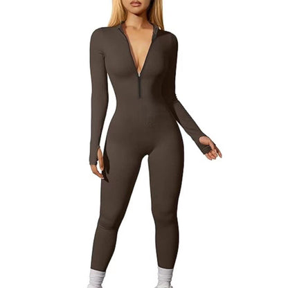 Women's Ribbed Zip Front Long Sleeve Workout Jumpsuit