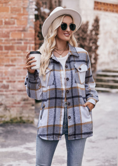 Plaid Flannel Shacket Button Front Pocket Oversized Jacket