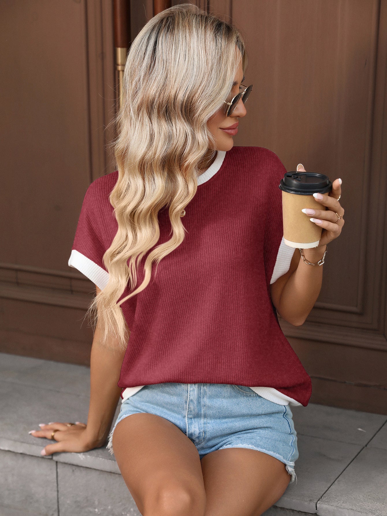 Khaki Contrast Trim Knit Tee Loose Crew Neck Top