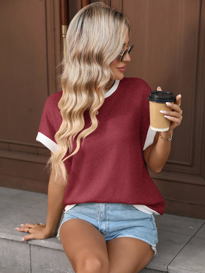 Khaki Contrast Trim Knit Tee Loose Crew Neck Top
