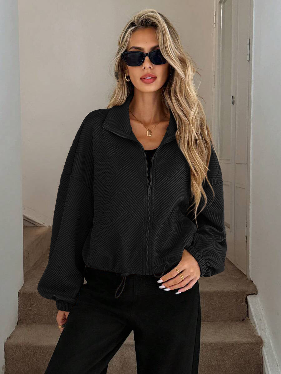 Textured Zip Up Bomber Jacket Drawstring Hem Casual Coat