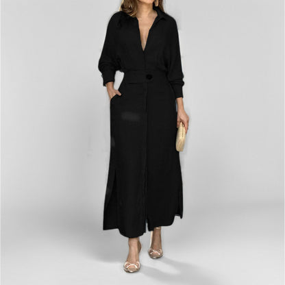 Women's Belted Maxi Shirt Dress Long Sleeve