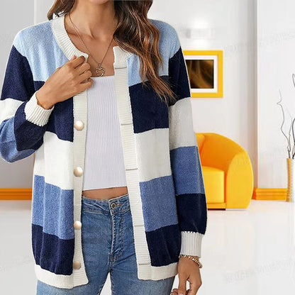 Women's Color Block Cardigan Button Front Knit Long Sleeve