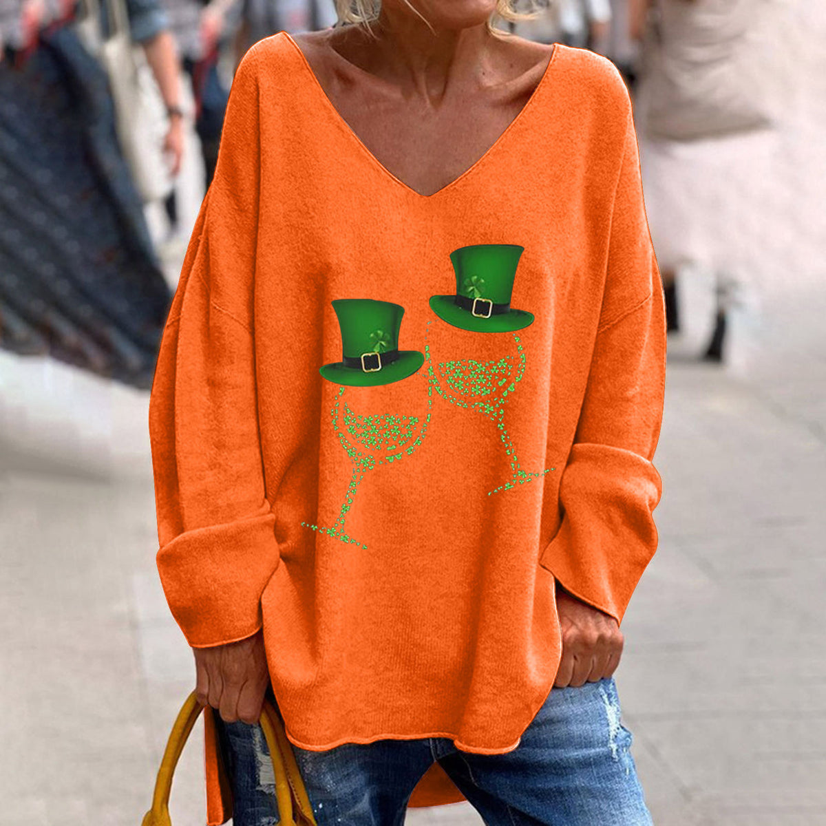 Women's St. Patrick's Day V-Neck Long Sleeve Oversized Tee