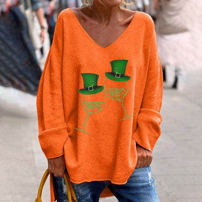 Women's St. Patrick's Day V-Neck Long Sleeve Oversized Tee