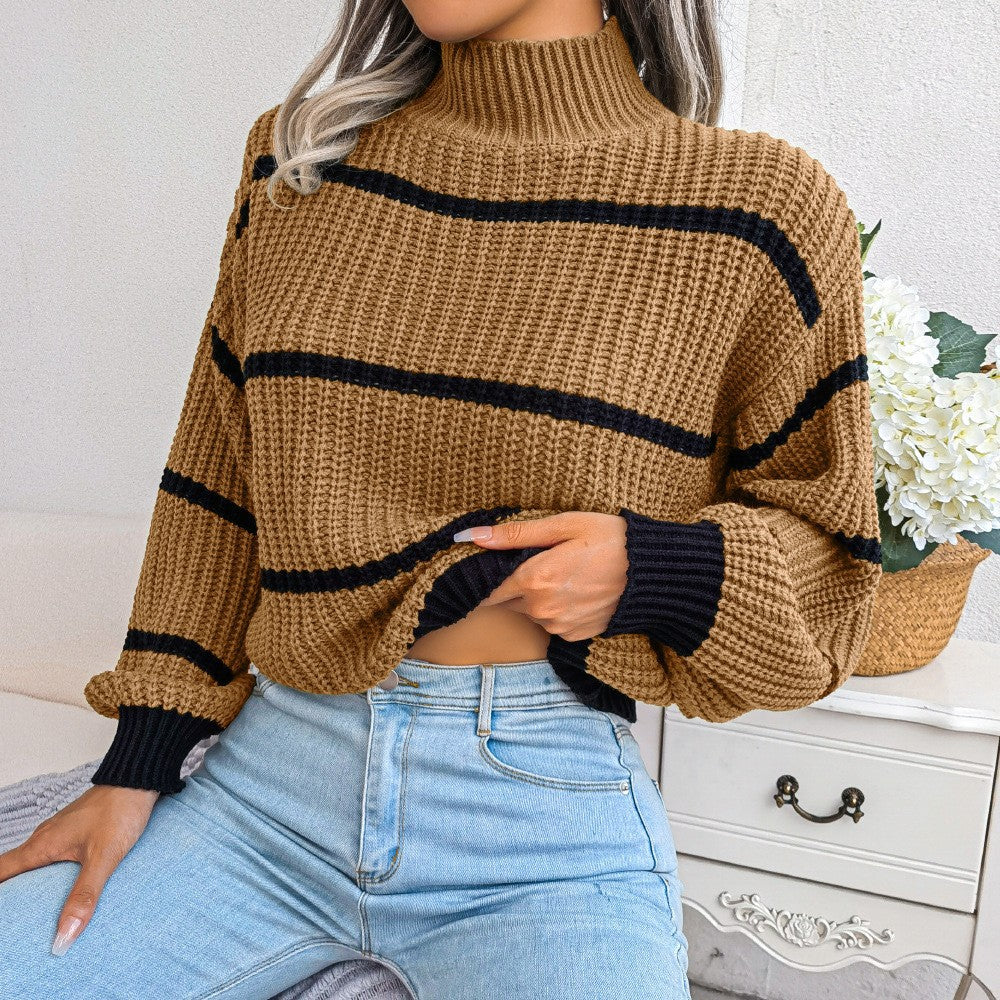 Women's Striped Balloon Sleeve Mock Neck Knit Sweater