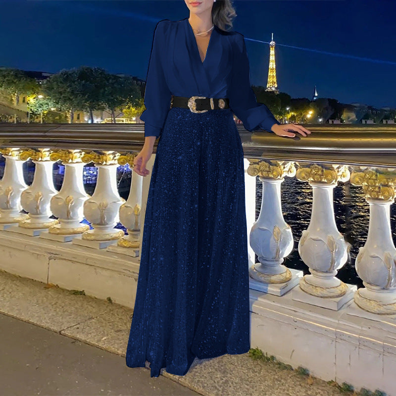 Women's 2 Piece Sequin Wide Leg Pants V Neck Belted Set