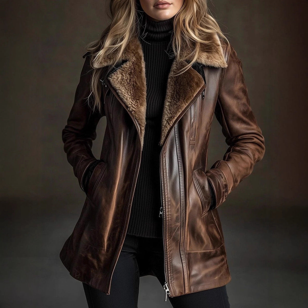 Women's Faux Fur Collar Suede Moto Jacket