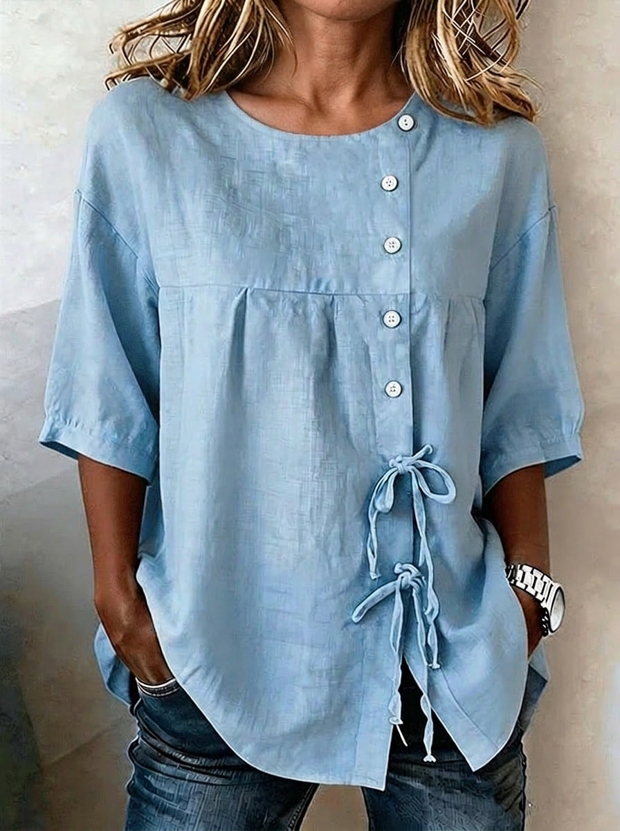 Women's Linen Blend Puff Sleeve Button Front Tie Side Top