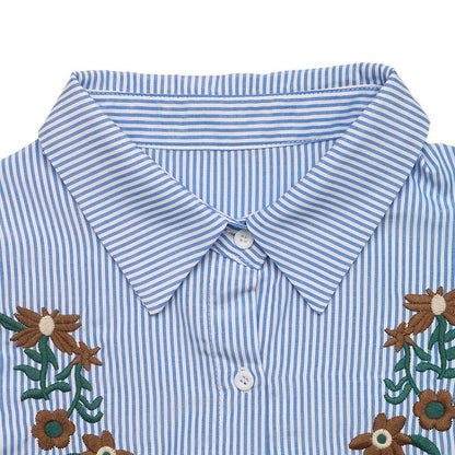 Striped Embroidered Ruffle Sleeve Button Down Blouse