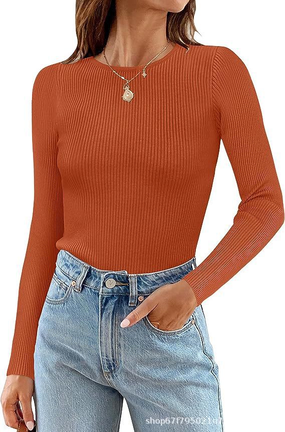 Women's Basic Ribbed Crew Neck Long Sleeve Knit Top