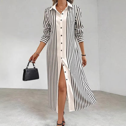 Women's Striped Long Sleeve Button Down Maxi Shirt Dress