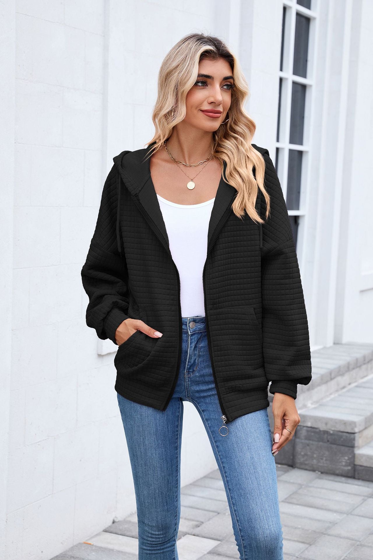 Quilted Zip Up Hooded Jacket Hoodie with Pockets