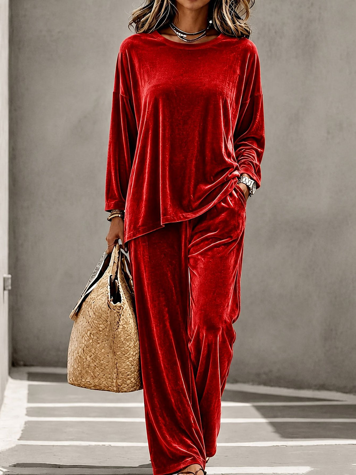 Velvet Two Piece Set Women Wide Leg Pants Lounge Wear