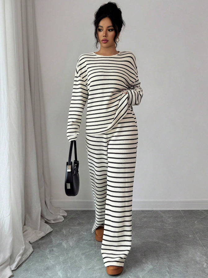 Stripe Knit Lounge Set Crew Neck Top and Wide Leg Pants